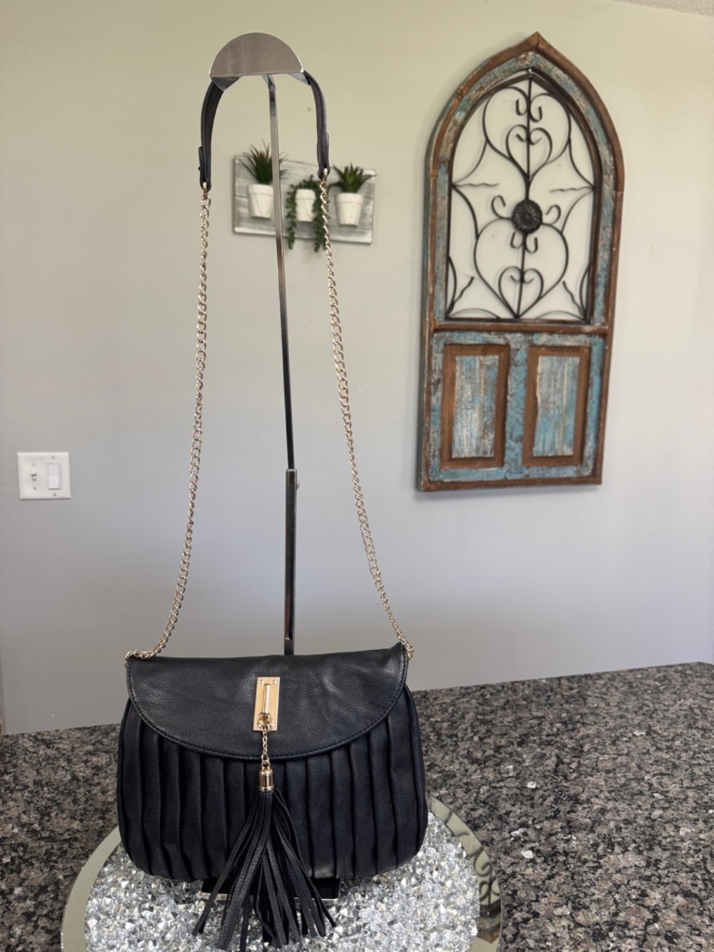 Mix No. 6 Black Pleated Crossbody Bag with Tassel and Gold crossbody Chain - Picture 2 of 10